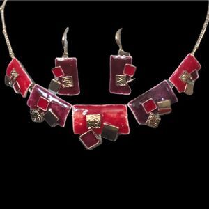 Ikita Paris Statement Necklace And Pierced Earrings Red Enamel And Gold
